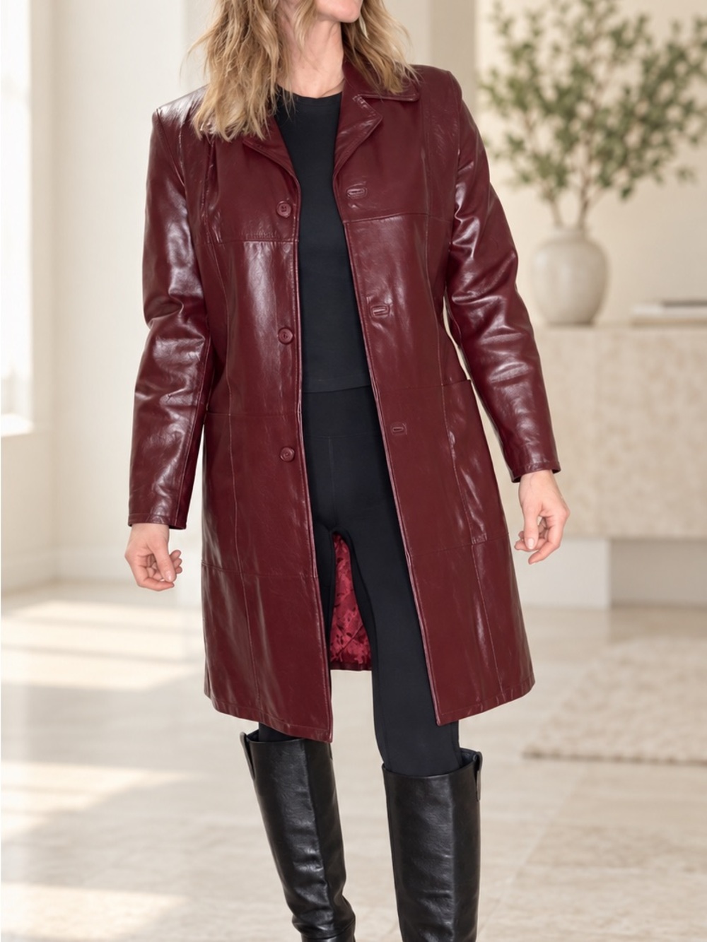 Vintage Italian Oxblood Genuine Leather Long Coat - size small